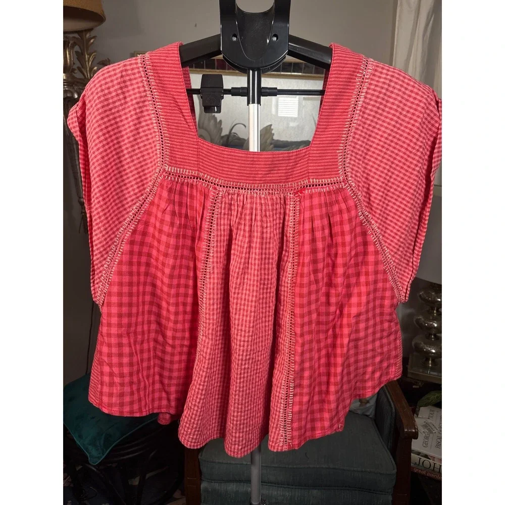 We The Free Free People Embroidered Boho Gingham Top Cotton Linen Blend M